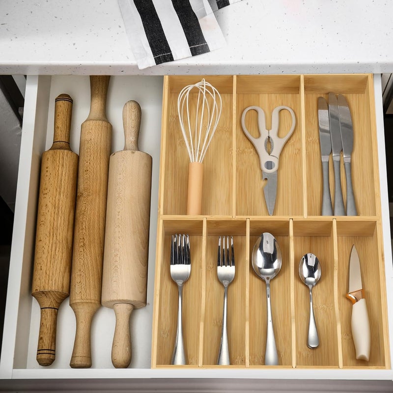 Fabsome Silverware Organizer for Kitchen Drawers, 2.5'' Deep 12.8'' Wide Bamboo Wood Flatware Tray with Deep Slots for Large Cutlery Utensil Drawer - Image 5